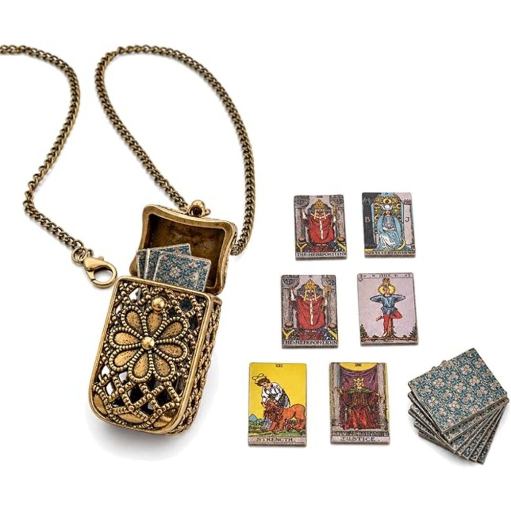 NIB- BOHO GYPSY FUN & UNIQUE Golden Tarot Card Caged Golden Metal Necklace